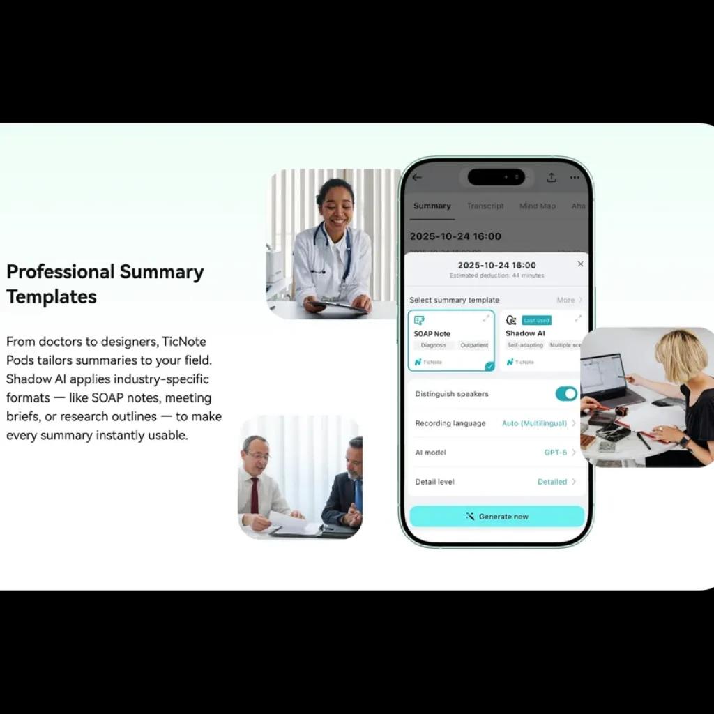 Smartphone mostrando interfaz de TicNote Pods 4G: plantillas de resumen profesional, selección de formato, IA GPT‑5, identificación de hablantes y botón