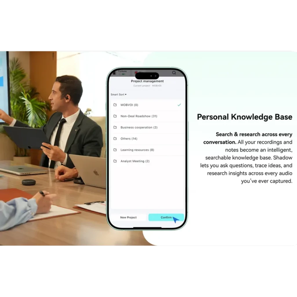 Pantalla de smartphone mostrando la app de gestión de proyectos de TicNote Pods 4G, con lista de categorías y botón Confirm; oficina al fondo con ejecutivos