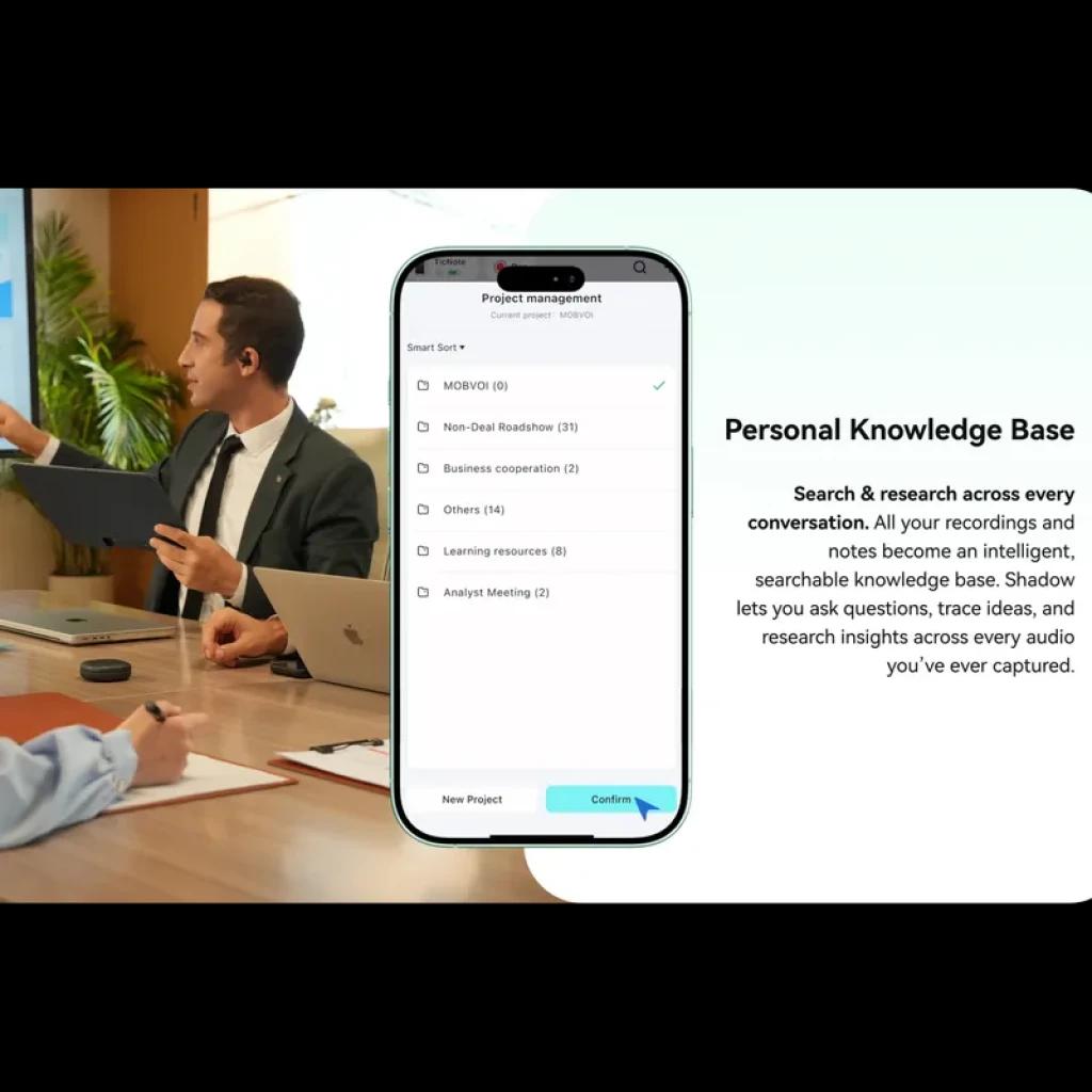 Pantalla de smartphone mostrando la app de gestión de proyectos de TicNote Pods 4G, con lista de categorías y botón Confirm; oficina al fondo con ejecutivos