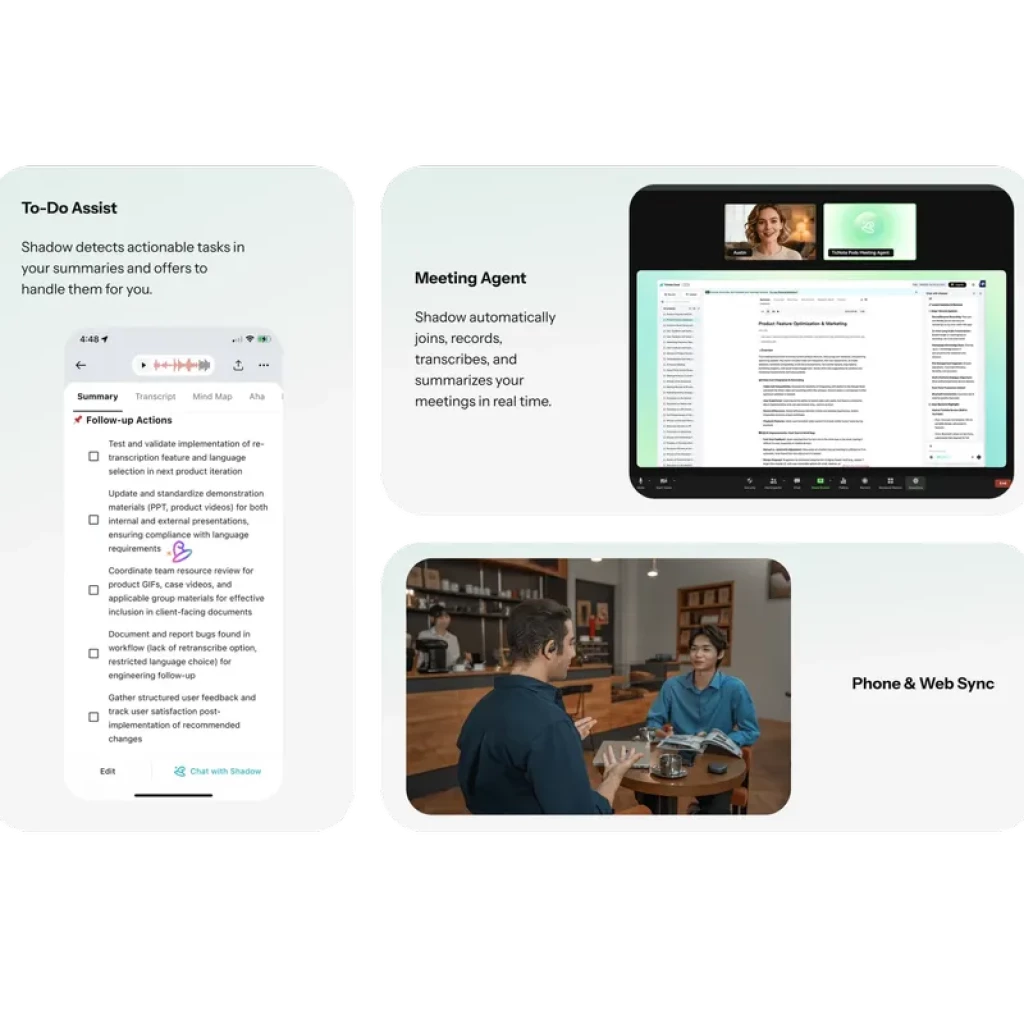 Interfaz TicNote Pods 4G: panel To-Do Assist, agente de reuniones con pantalla de notas y transcripción en vivo, y sincronización teléfono y web en uso en