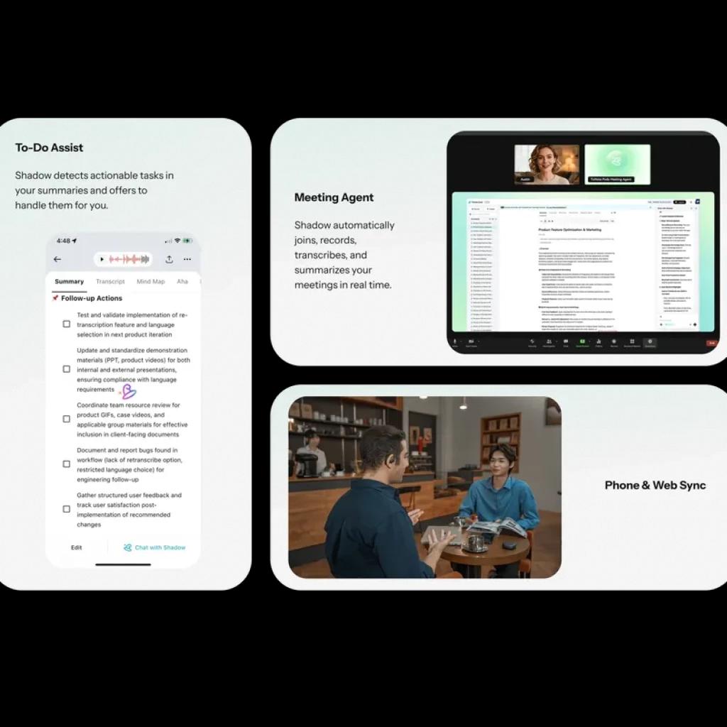 Interfaz TicNote Pods 4G: panel To-Do Assist, agente de reuniones con pantalla de notas y transcripción en vivo, y sincronización teléfono y web en uso en
