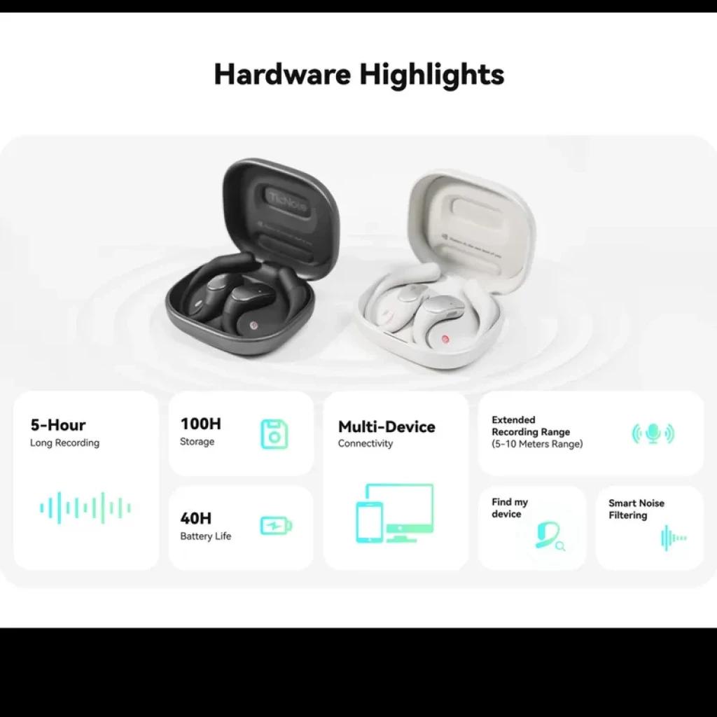 TicNote Pods 4G en negro y blanco con estuche; diseño open-ear, botones táctiles y luces LED. Iconos resaltan 100H de almacenamiento y 5 h de grabación.