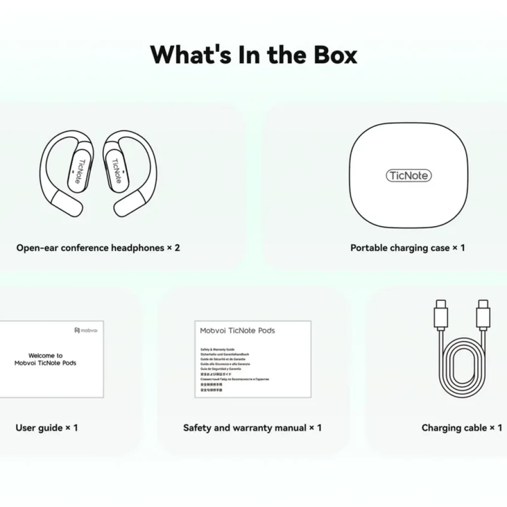 Estuche TicNote Pods 4G con dos auriculares open-ear, cable de carga USB y manuales; diseño compacto y ergonómico para conferencias y transcripción IA