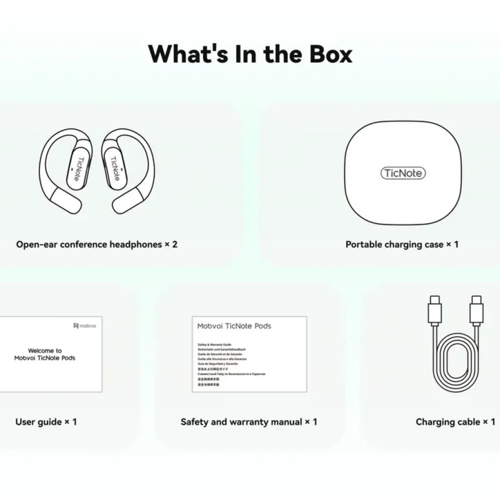 Estuche TicNote Pods 4G con dos auriculares open-ear, cable de carga USB y manuales; diseño compacto y ergonómico para conferencias y transcripción IA