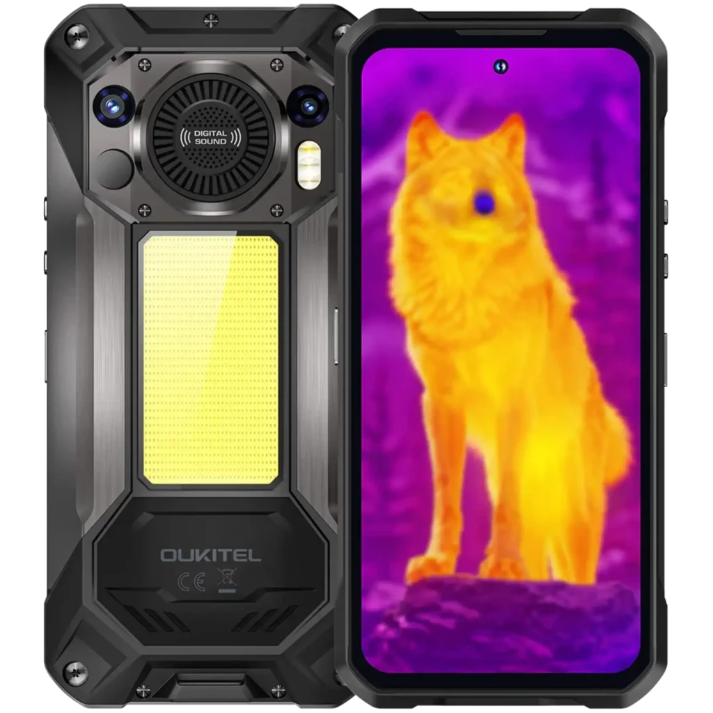 Oukitel WP61 Ultra resistente con cámara térmica, linterna trasera grande, cuerpo robusto negro, pantalla con visor térmico y módulos de cámara prominentes