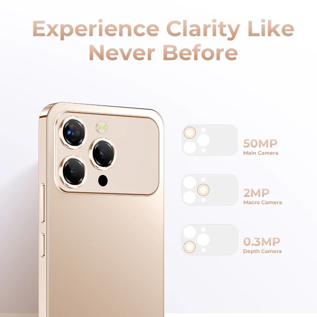 Oukitel P1 Pro dorado con módulo de triple cámara trasera: lente principal 50 MP, macro 2 MP y sensor de profundidad 0.3 MP, acabado metálico elegante