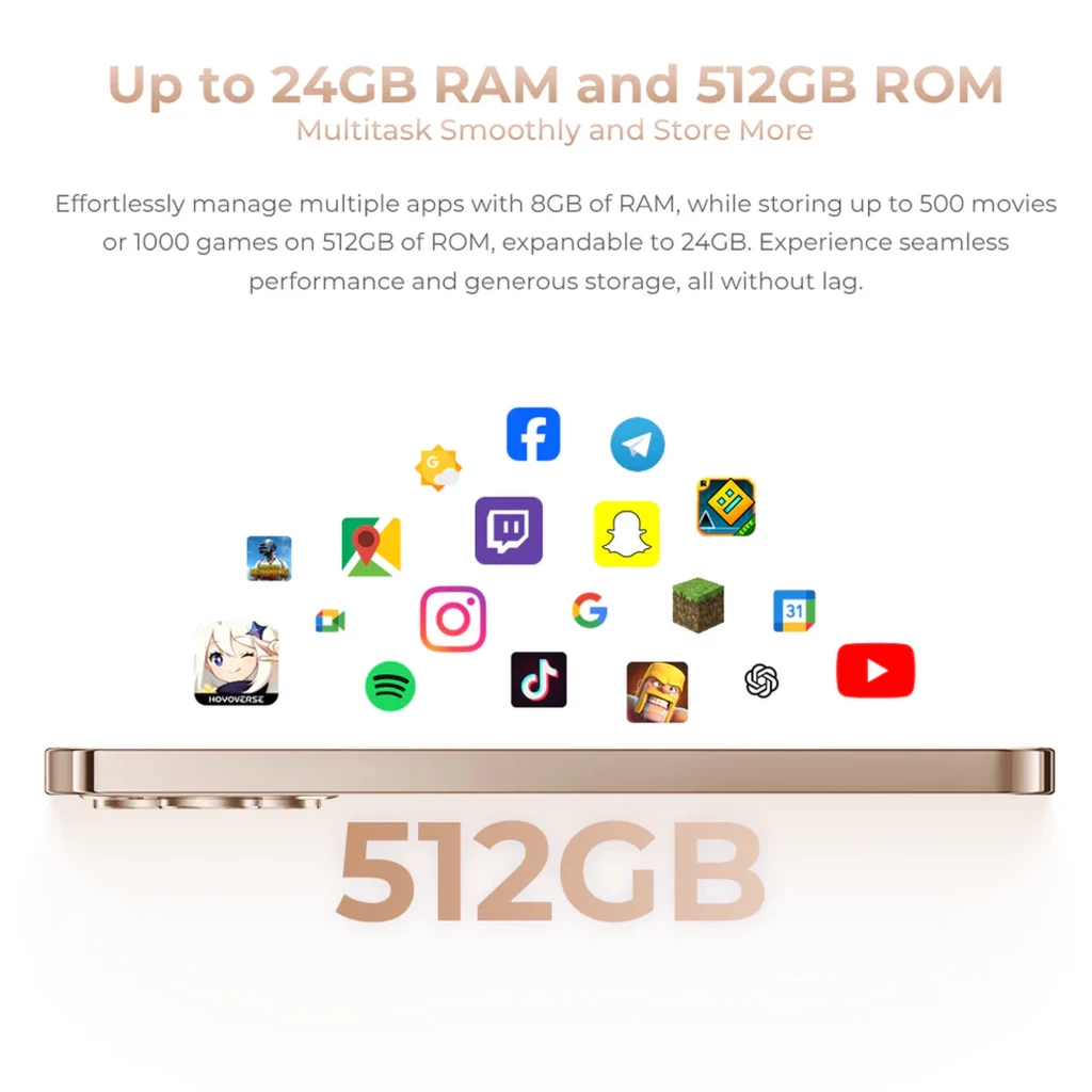 Oukitel P1 Pro dorado con 512GB resaltado, perfil lateral del dispositivo, iconos de apps flotando, texto que indica hasta 24GB RAM y gran capacidad de