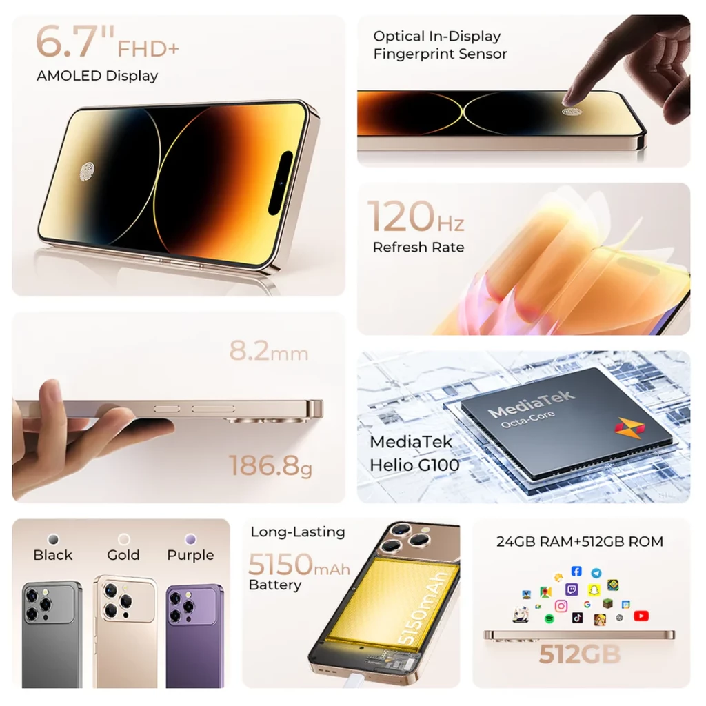Oukitel P1 Pro dorado con pantalla AMOLED 6.7 FHD+, bordes planos, triple cámara trasera con módulo brillante, huella en pantalla y acabado premium elegante