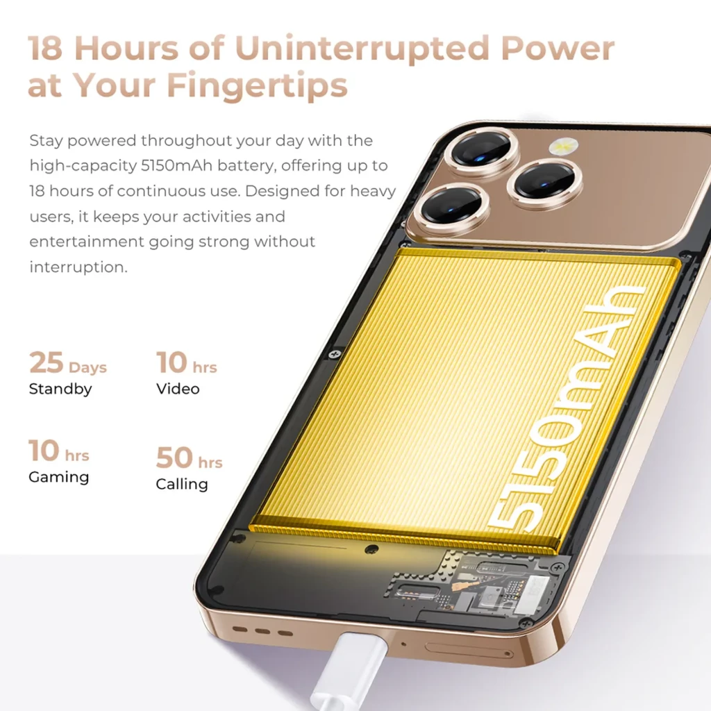 Oukitel P1 Pro dorado con batería 5150 mAh destacada, módulo de triple cámara trasera prominente y puerto de carga inferior; diseño elegante y moderno