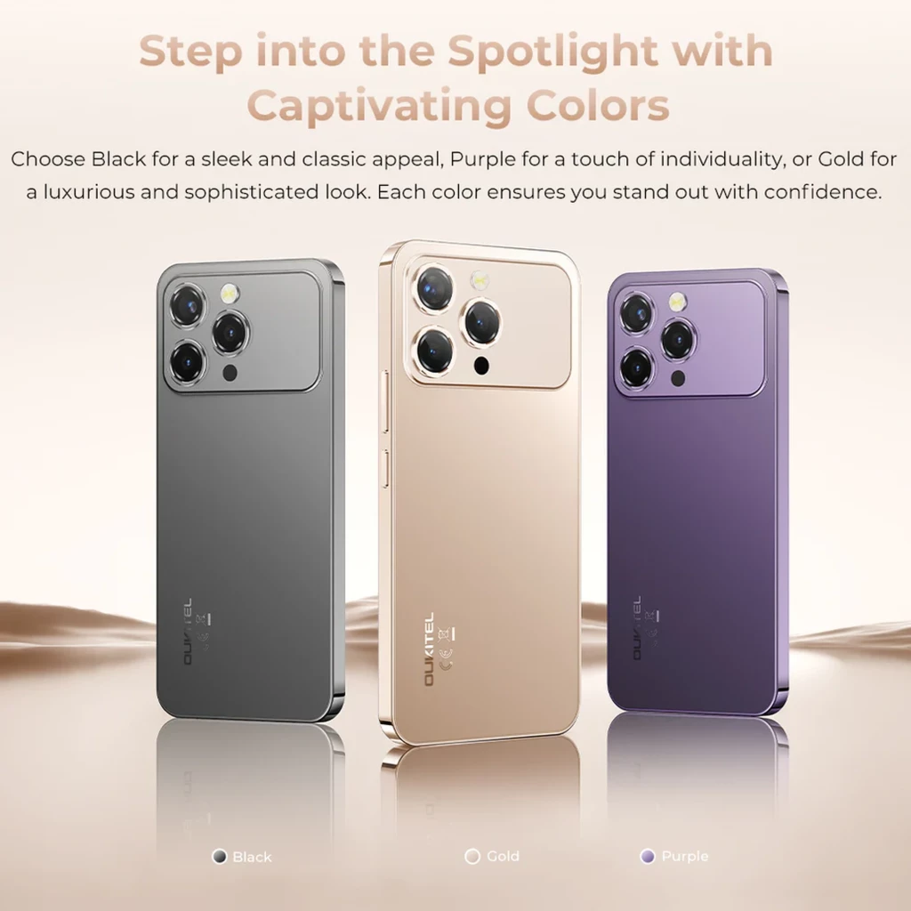Oukitel P1 Pro dorado con triple cámara trasera grande, módulo rectangular, acabado metálico brillante y bordes planos; también en negro y morado