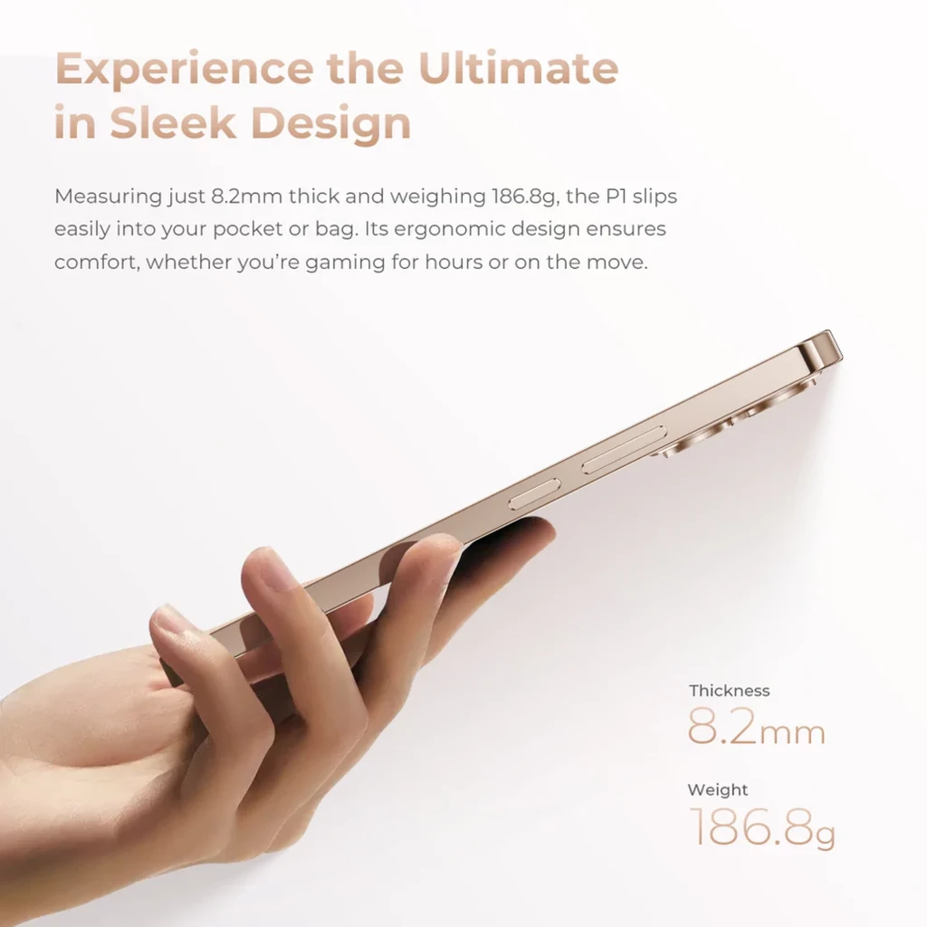 Oukitel P1 Pro dorado ultrafino de 8.2 mm, 186.8 g, bordes curvos y botones laterales; acabado metálico elegante y agarre ergonómico
