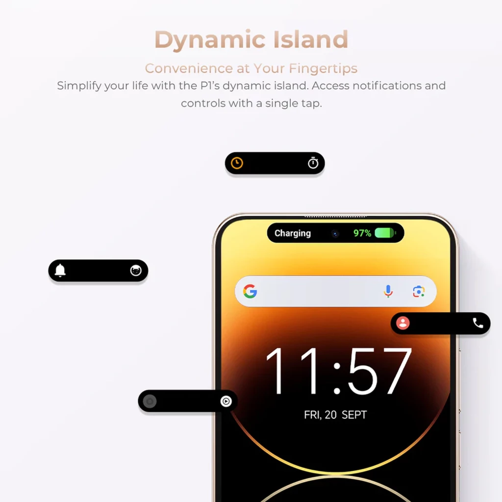 Oukitel P1 Pro dorado con Dynamic Island, pantalla con biseles delgados, indicador de carga 97 por ciento y widgets flotantes de notificaciones y controles