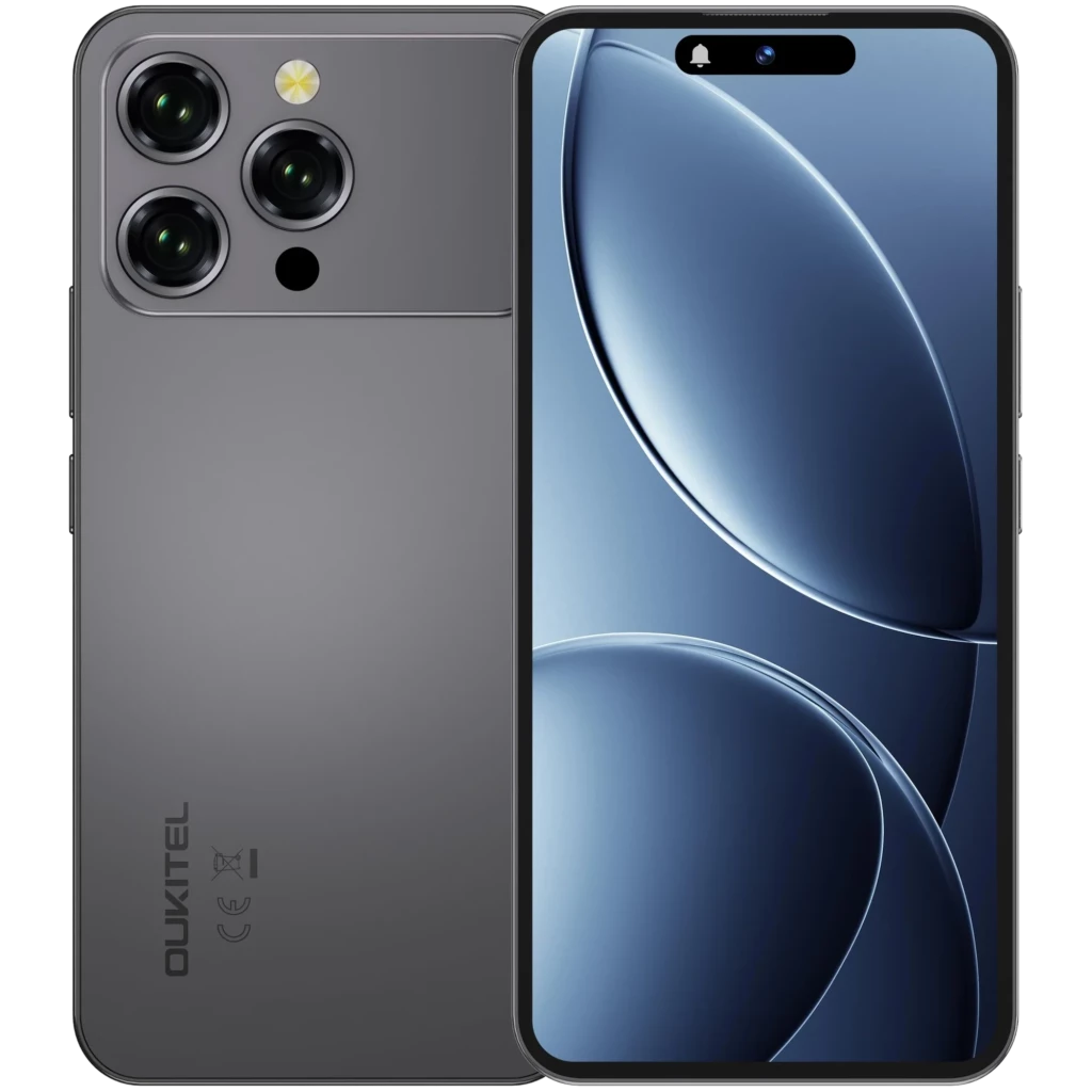 Oukitel P1 Pro negro con triple cámara trasera grande, frontal con notch ancho y pantalla 6.7 pulgadas; bordes rectos y acabado mate elegante