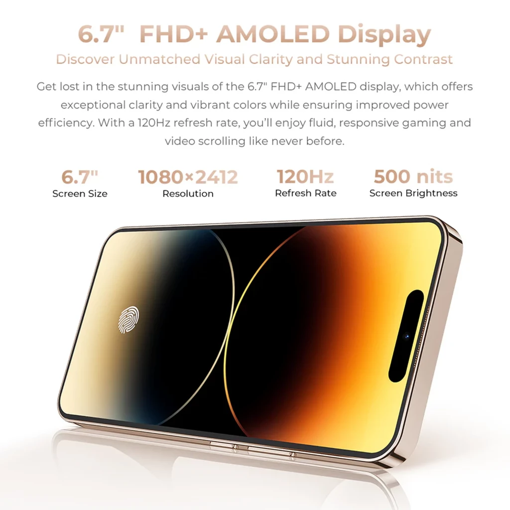 Oukitel P1 Pro dorado con pantalla AMOLED FHD+ de 6.7 pulgadas, biseles finos, lector de huella en pantalla y acabado metálico elegante