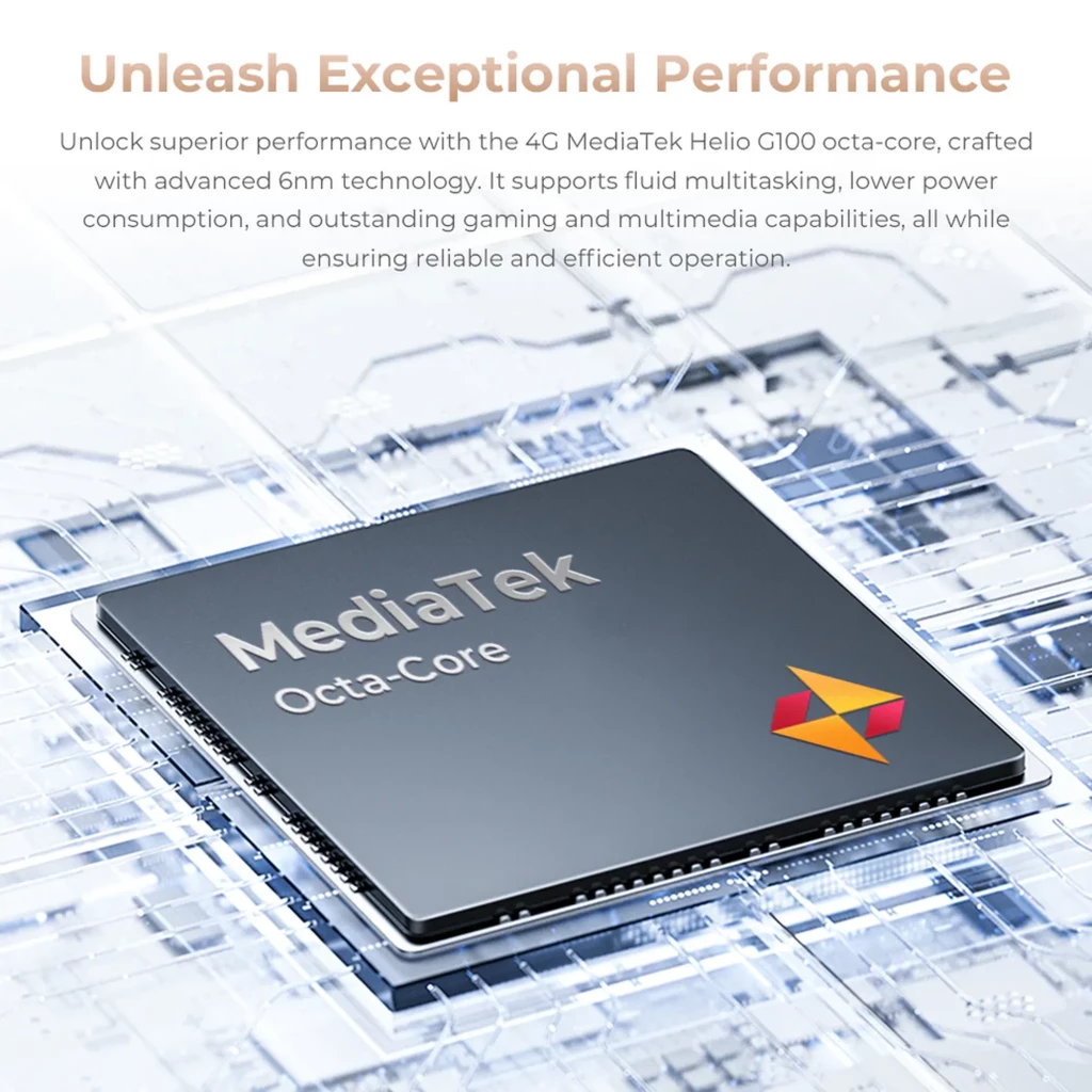 Chip MediaTek Helio G100 octa core en placa electrónica, acabado metálico gris con logo y texto, destaca potencia y eficiencia en diseño tecnológico moderno