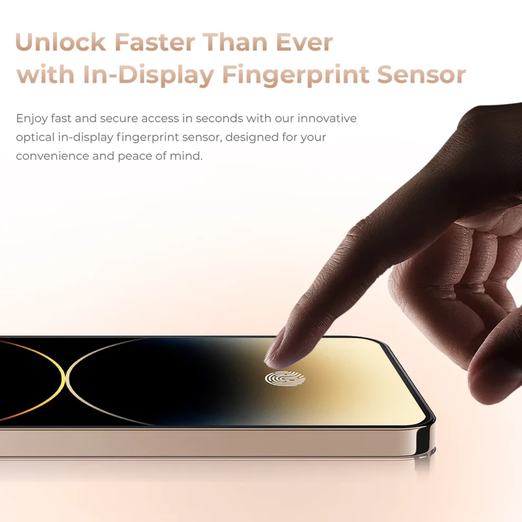 Sensor de huella en pantalla del Oukitel P1 Pro dorado, borde metálico pulido y vidrio curvo; desbloqueo rápido con ícono de huella iluminado en el display