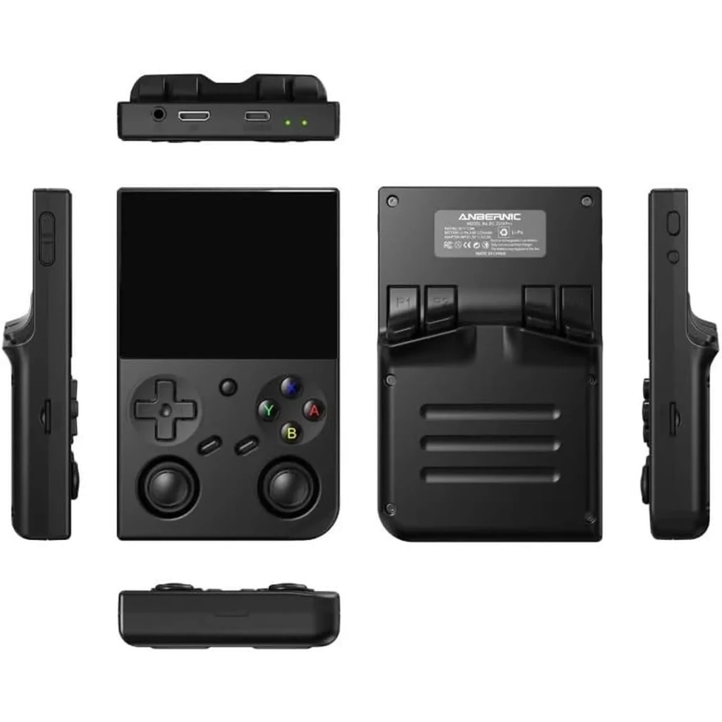 Consola portátil Anbernic RG35XX Pro 64GB Negro con carcasa negra, doble joystick, cruceta, botones ABXY, gatillos traseros y puertos USB y audio en los bordes