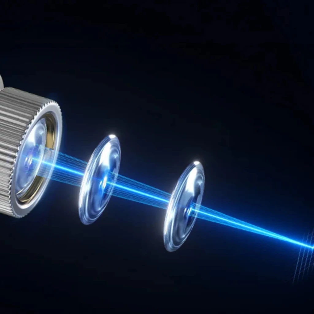 Lente y ópticas del láser LONGER RAY 5 Mini 2.5W con haz azul concentrado, punto comprimido 0.04 mm y diseño metálico de precisión con enfoque ajustable
