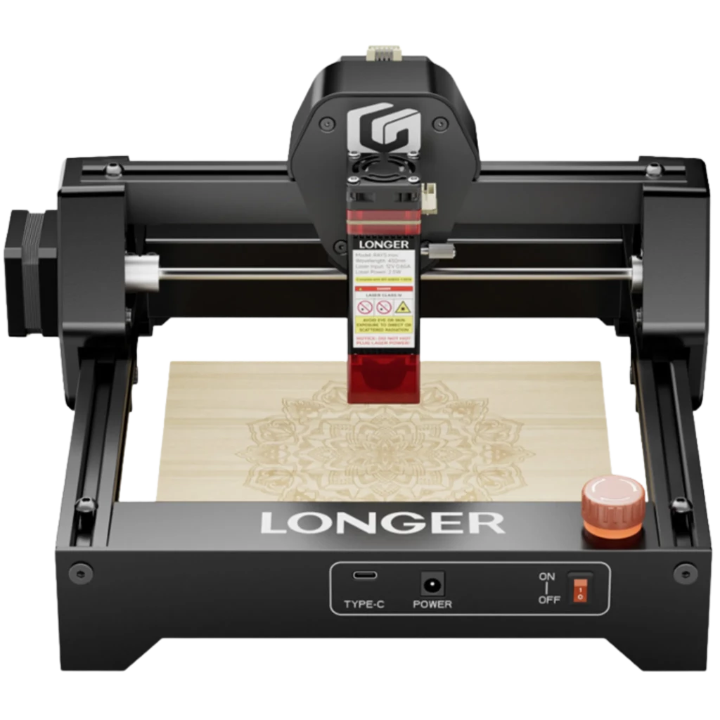 LONGER RAY 5 Mini 2.5W grabadora láser compacta con punto comprimido 0.04 mm, módulo rojo, marco metálico negro, panel frontal con USB-C, botón y Wi‑Fi