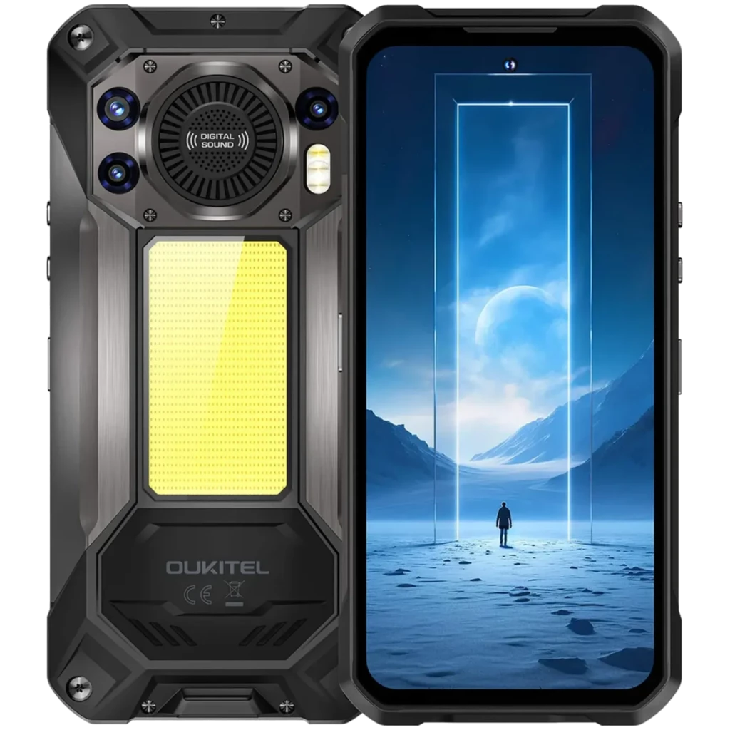 Oukitel WP61 robusto con carcasa negra reforzada, gran pantalla frontal, módulo trasero con LED amplio, cámara múltiple y altavoz circular integrado