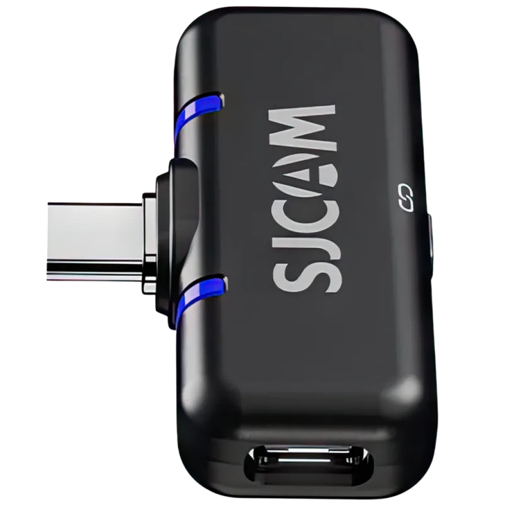 Receptor USB-C SJCAM M3 compacto en negro con indicadores LED azules y logo SJCAM, parte del sistema de micrófono inalámbrico dual 2TX+1RX