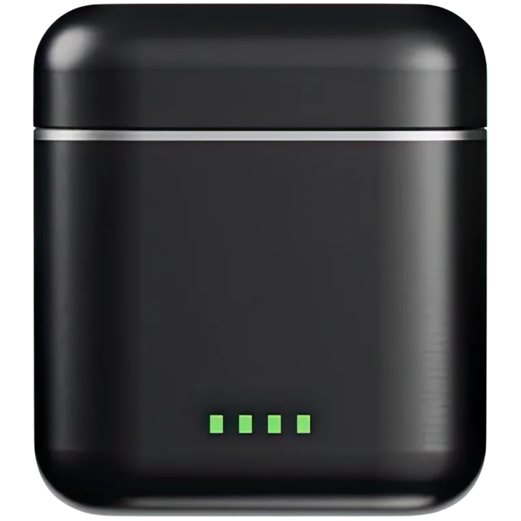 Estuche de carga negro compacto con acabado mate, borde metálico superior y cuatro indicadores LED verdes en la base, compatible con SJCAM M3 micrófono