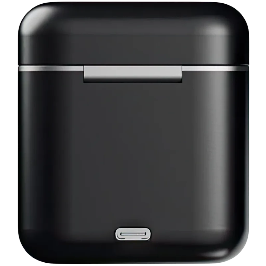 Estuche de carga negro compacto con tapa metálica y puerto USB-C, acabado mate, diseño minimalista para el sistema SJCAM M3 Micrófono Inalámbrico