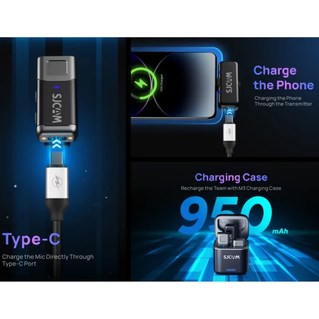 SJCAM M3 micrófono lavalier inalámbrico 2 transmisores y 1 receptor USB-C, estuche de carga 950 mAh, carga directa Type-C y compatibilidad con smartphones