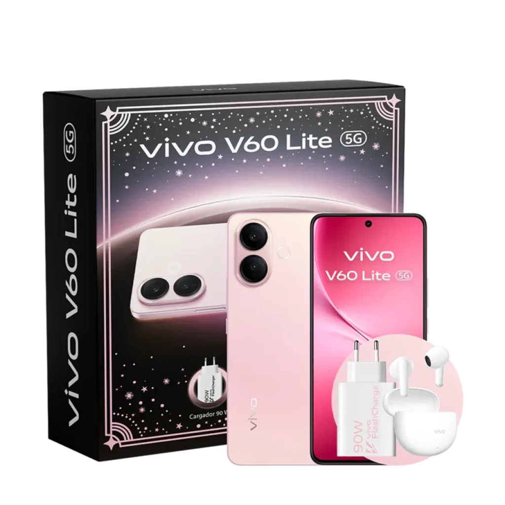 Smartphone rosa Vivo V60 Lite 5G con pantalla perforada, doble cámara trasera grande, incluye auriculares Buds blancos y cargador rápido 90W, caja ilustrada