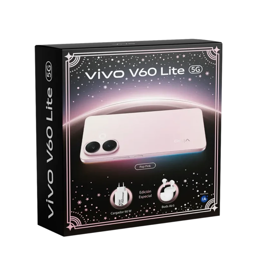 Caja del Vivo V60 Lite 5G rosa con doble cámara trasera, incluye Buds Air y cargador 90W, diseño elegante con detalles brillantes y etiqueta Edición Especial