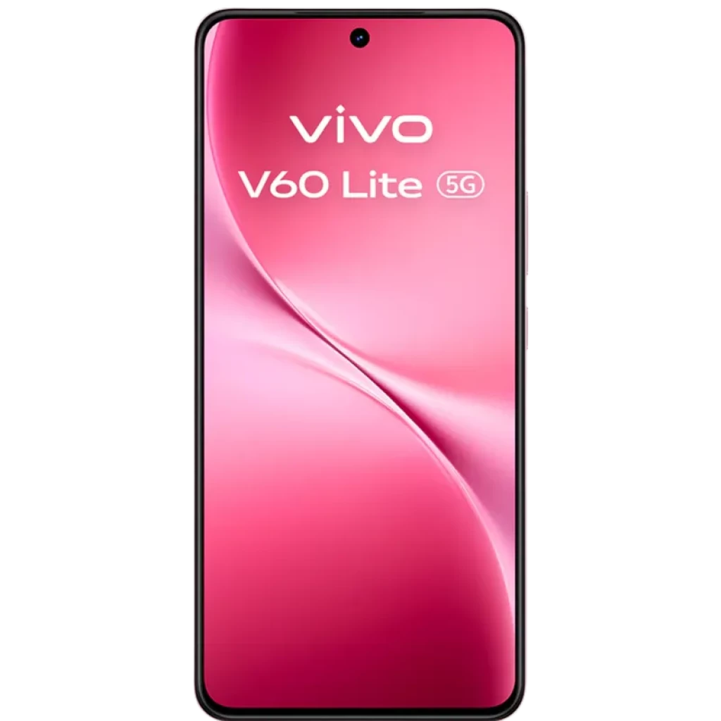 Vivo V60 Lite 5G 12GB 512GB rosa com tela ampla sem bordas, furo central para câmera frontal e display rosa em gradiente, design fino e elegante