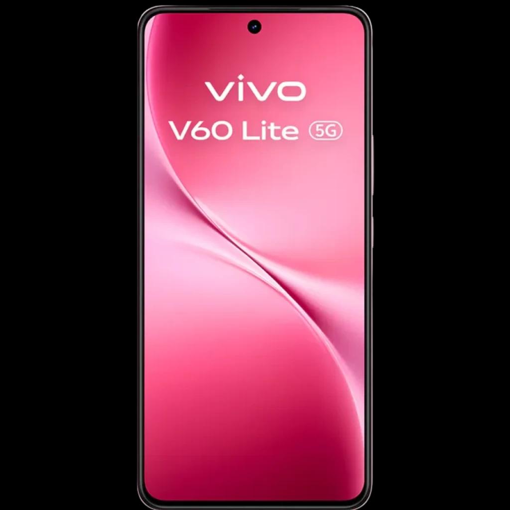 Vivo V60 Lite 5G 12GB 512GB rosa com tela ampla sem bordas, furo central para câmera frontal e display rosa em gradiente, design fino e elegante