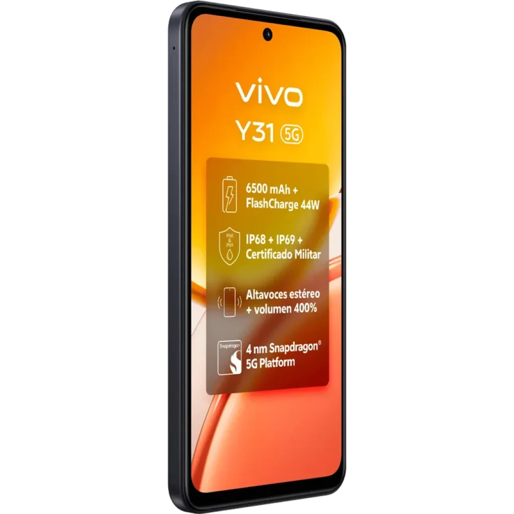 Vivo Y31 5G negro con pantalla 120Hz, cámara frontal en orificio central, marcos finos y cuerpo robusto; destaca batería 6500 mAh y carga rápida 44W