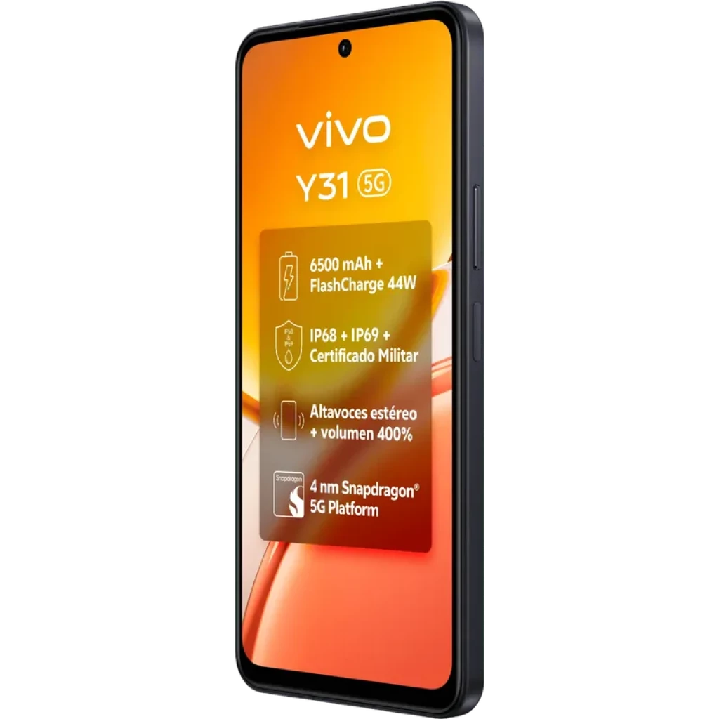 Vivo Y31 5G negro con pantalla 120Hz y biseles delgados; cámara frontal en orificio central; destaca batería 6500 mAh, carga 44W e IP68/IP69 en la pantalla