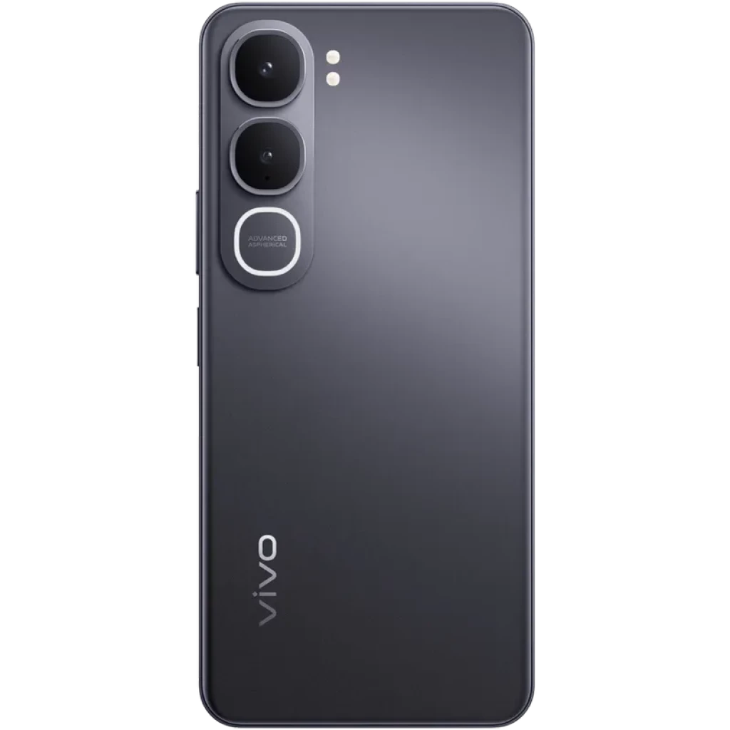 Vivo Y31 5G negro con doble cámara trasera grande, anillo alrededor de la lente principal, flash LED y acabado mate elegante en la tapa trasera