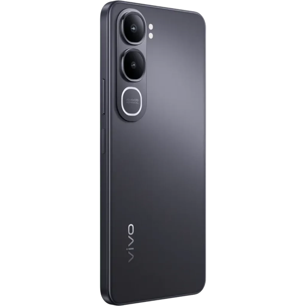Vivo Y31 5G negro con doble cámara trasera vertical, módulo metálico y flash; acabado mate, bordes planos y logo vivo en la parte inferior trasera