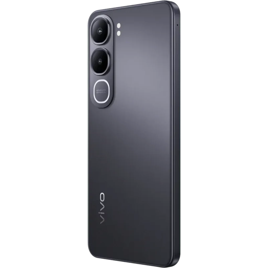 Vivo Y31 5G negro con doble cámara trasera vertical y flash, módulo con anillo metálico, acabado mate y bordes planos elegantes