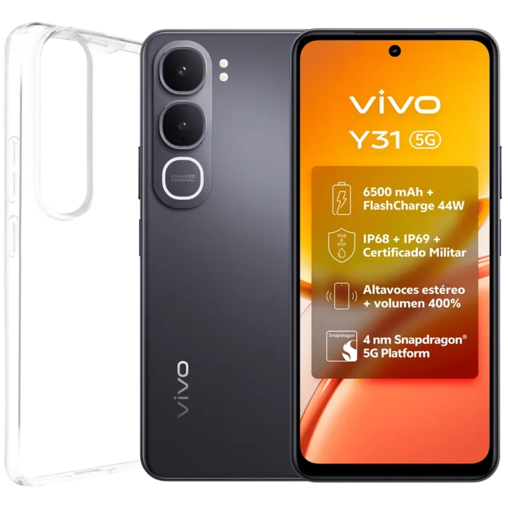 Vivo Y31 5G negro con pantalla 120Hz, doble cámara trasera y funda transparente incluida; frontal con punch-hole y bordes delgados, diseño elegante