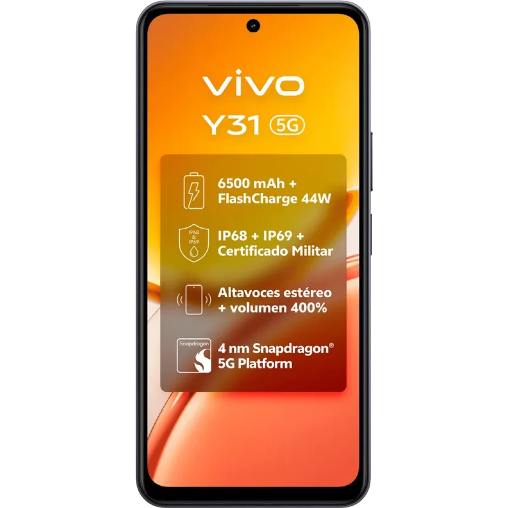 Vivo Y31 5G negro con pantalla 120Hz; destaca batería 6500 mAh, carga 44W, certificación IP68 IP69 militar, altavoces estéreo y chip Snapdragon 4 nm