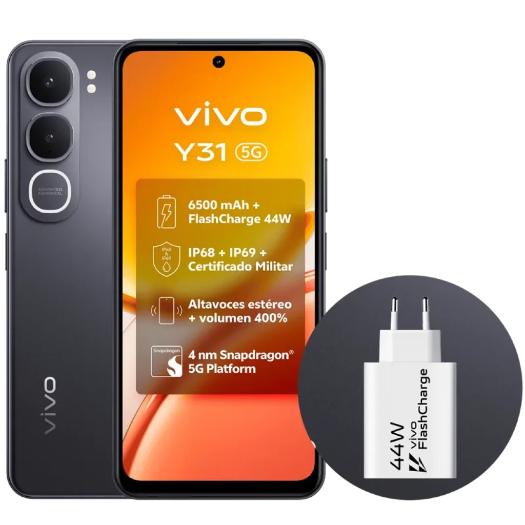 Vivo Y31 5G negro con pantalla 120Hz, módulo dual de cámaras traseras y frontal perforada; incluye cargador 44W. Texto destaca 6500 mAh, IP68 IP69 y 6GB RAM
