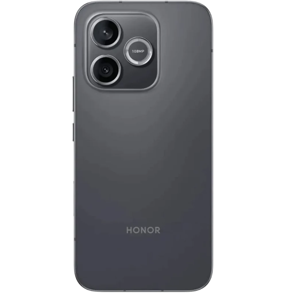 Honor 600 Lite 5G negro con doble cámara trasera y módulo 108 MP, acabado mate gris oscuro y bordes planos; diseño minimalista y elegante