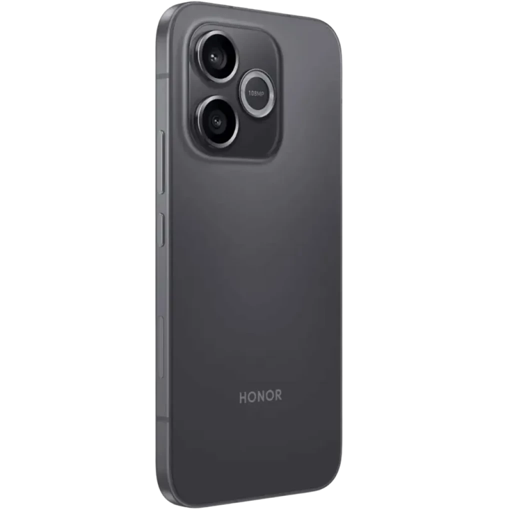 Honor 600 Lite 5G negro con módulo de cámara dual grande, anillo plateado en lente principal 108 MP, acabado mate y bordes rectos con botones laterales