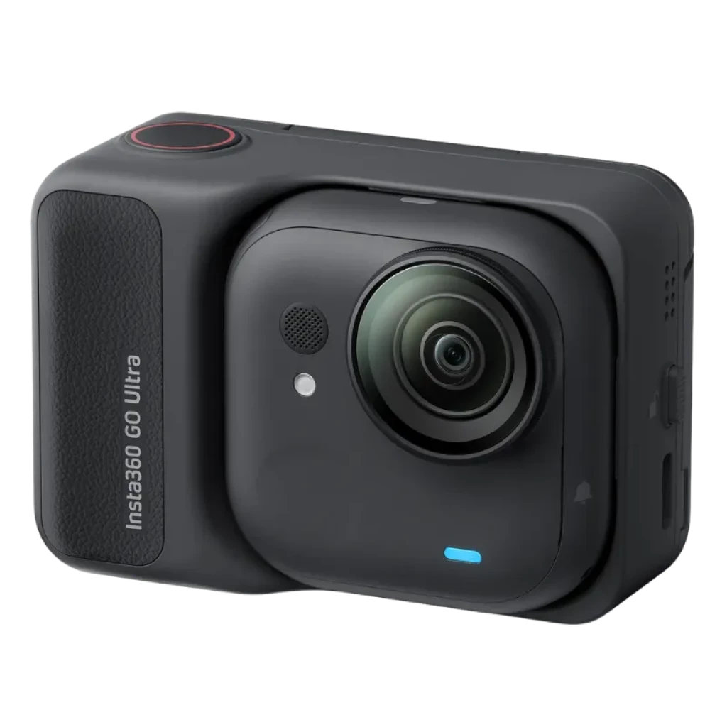 Caméra d’action compacte noir mat avec grand objectif 4K, bouton rouge, micro intégré et voyant LED bleu, design robuste Insta360 GO Ultra Noir