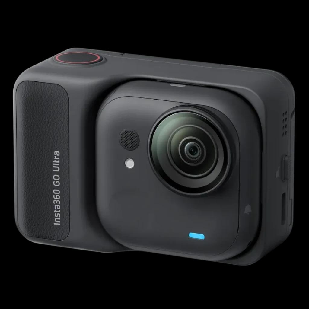 Caméra d’action compacte noir mat avec grand objectif 4K, bouton rouge, micro intégré et voyant LED bleu, design robuste Insta360 GO Ultra Noir
