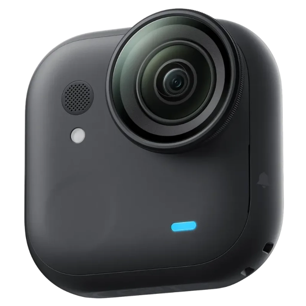 Caméra d'action compacte noire dotée d'un grand objectif grand angle, d'un microphone frontal et d'une lumière LED bleue ; design incurvé et minimaliste : Insta360 Go Ultra