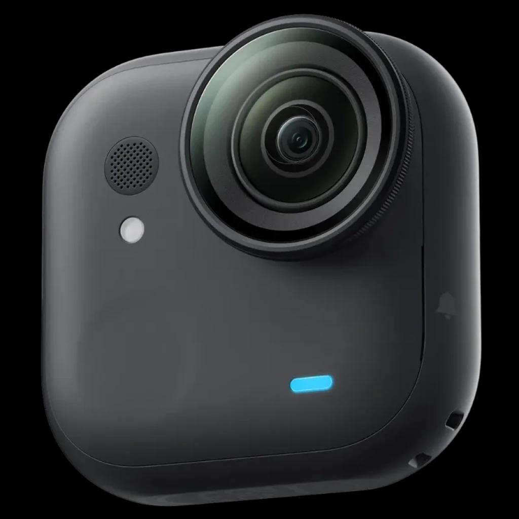 Caméra d'action compacte noire dotée d'un grand objectif grand angle, d'un microphone frontal et d'une lumière LED bleue ; design incurvé et minimaliste : Insta360 Go Ultra