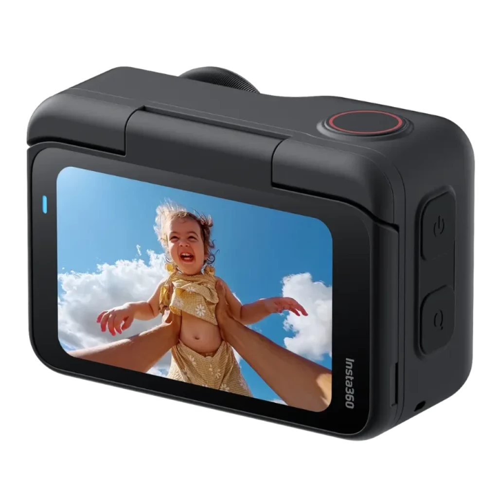 Insta360 Go Ultra Noir avec écran intégré, boîtier compact et boutons latéraux ; conception robuste pour l'action et jusqu'à 70 minutes d'autonomie