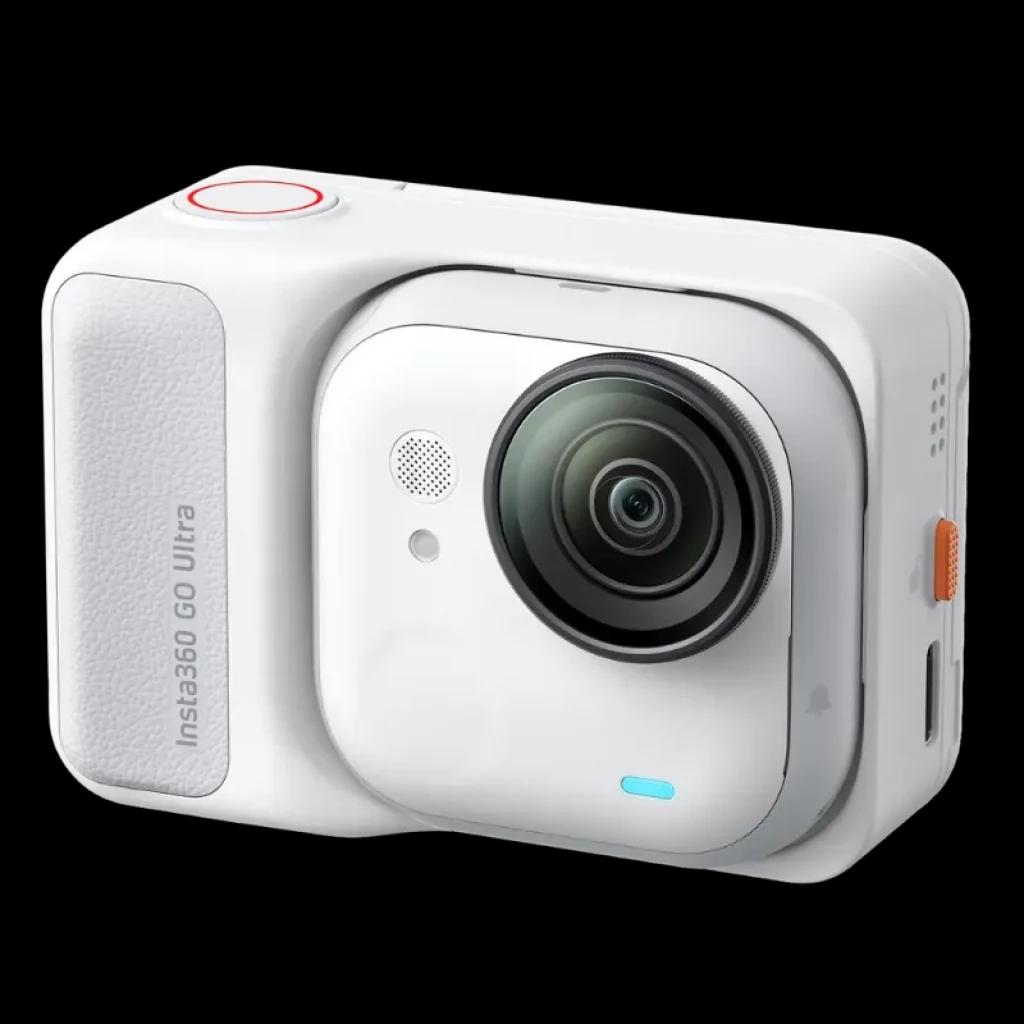 Caméra d’action compacte blanche 4K, boîtier arrondi, grand objectif ultra‑grand‑angle, bouton rouge, texture latérale antidérapante, voyants LED,