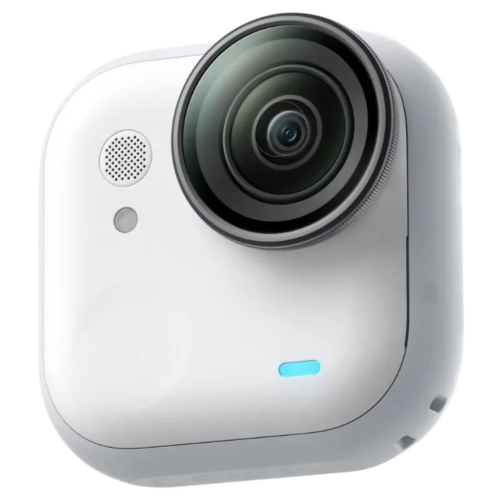 Caméra d’action compacte blanche avec grand objectif ultra‑grand‑angle, micro intégré et témoin LED bleu, design arrondi minimaliste Insta360 Go