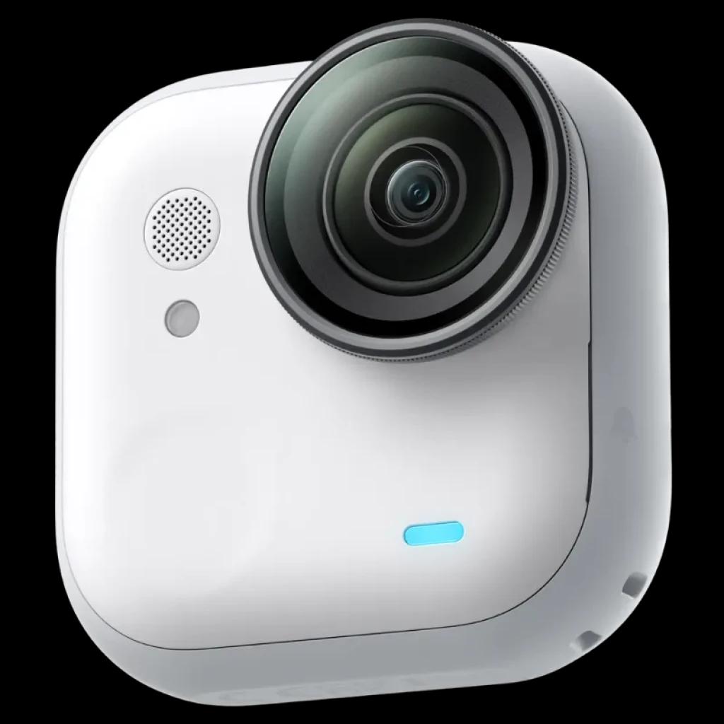 Caméra d’action compacte blanche avec grand objectif ultra‑grand‑angle, micro intégré et témoin LED bleu, design arrondi minimaliste Insta360 Go